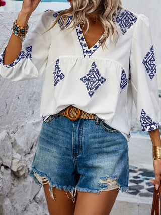 Printed V-Neck Three-Quarter Sleeve Blouse