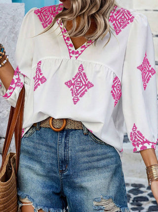 Printed V-Neck Three-Quarter Sleeve Blouse