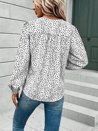 Printed Notched Long Sleeve Blouse