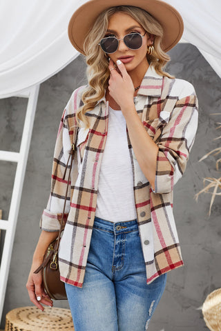 Double Take Brand - Plaid Button Up - Dropped Shoulder - Shirt Jacket