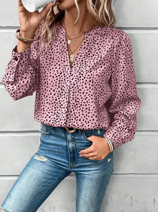 Printed Notched Long Sleeve Blouse